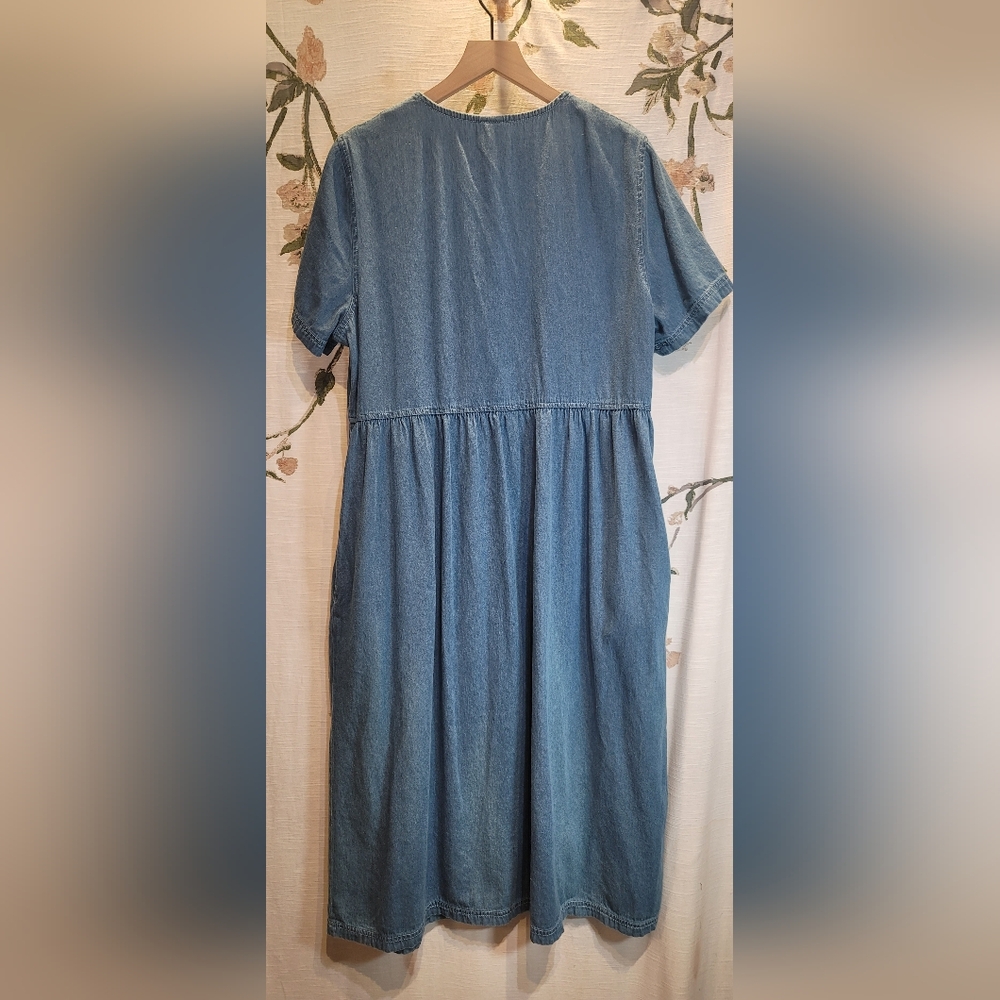 Blair Size Large Button Down Pockets Denim Shift Midi Blue Sundress Cottagecore - Picture 9 of 10